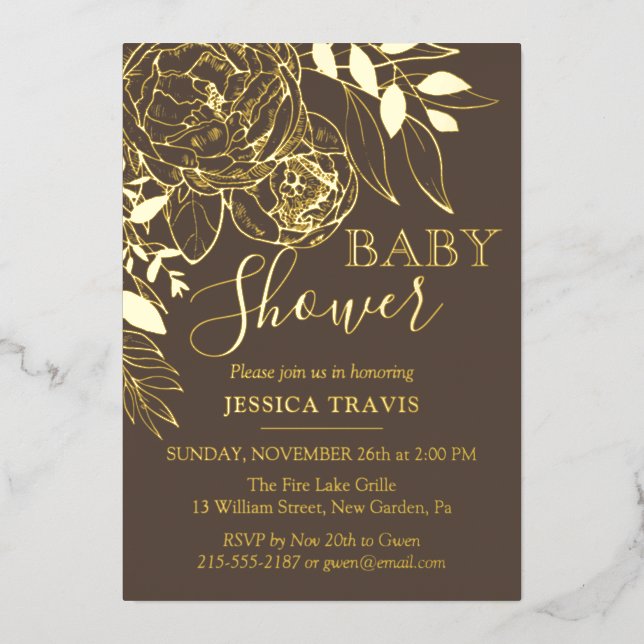 Invitación Con Relieve Metalizado Taupe y Gold Modern Floral Baby Shower (Anverso)