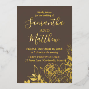 Invitación Con Relieve Metalizado Taupe y Gold Peony Boda floral moderno