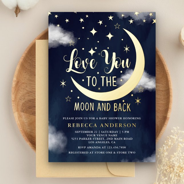 Invitación Con Relieve Metalizado Te amo a la luna y a Baby Shower Gold (Subido por el creador)
