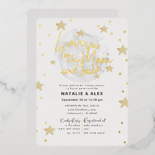 Invitación Con Relieve Metalizado Te Amo Luna & Atrás Neutral Fiesta de Bebé