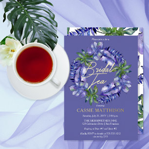 Invitación Con Relieve Metalizado Té Nupcial Boho Tropical Hojas Lavanda Verde