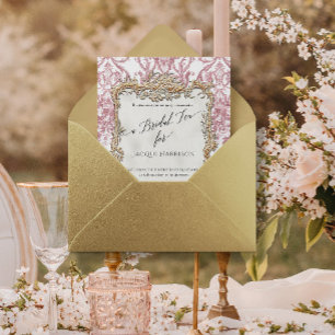 Invitación Con Relieve Metalizado Té Nupcial Rococó Floral Vintage Rosa Polvo y Oro
