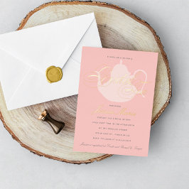 Invitación Con Relieve Metalizado Té Nupcial Tetera de Plata Elegante Té Nupcial