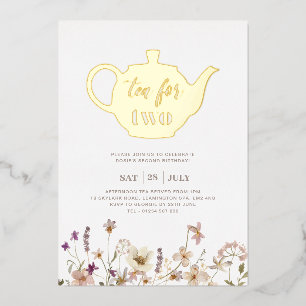 Invitación Con Relieve Metalizado Té Para Dos Cumpleaños Floral - Dorado
