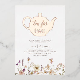 Invitación Con Relieve Metalizado Té Para Dos Cumpleaños Floral - Oro Rosa