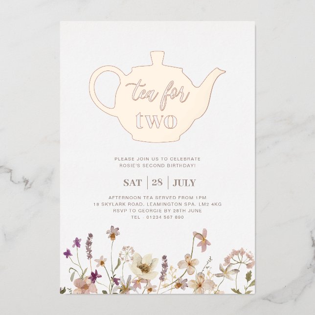 Invitación Con Relieve Metalizado Té Para Dos Cumpleaños Floral - Oro Rosa (Anverso)