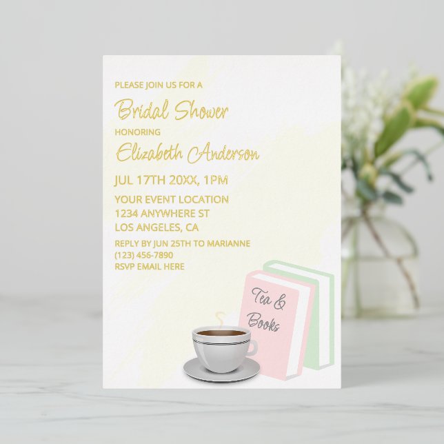 Invitación Con Relieve Metalizado Tea & Books Bridal Shower (Anverso de pie)