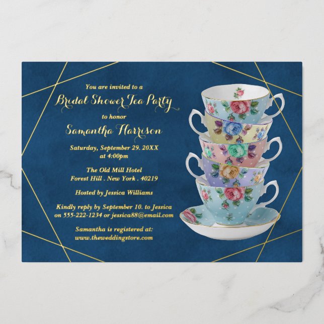Invitación Con Relieve Metalizado Teacups Elegantes Bridal Shower Tea Fiesta Real (Anverso)