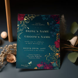 Invitación Con Relieve Metalizado Teal and Red Jeweltone Floral Foil Invitation