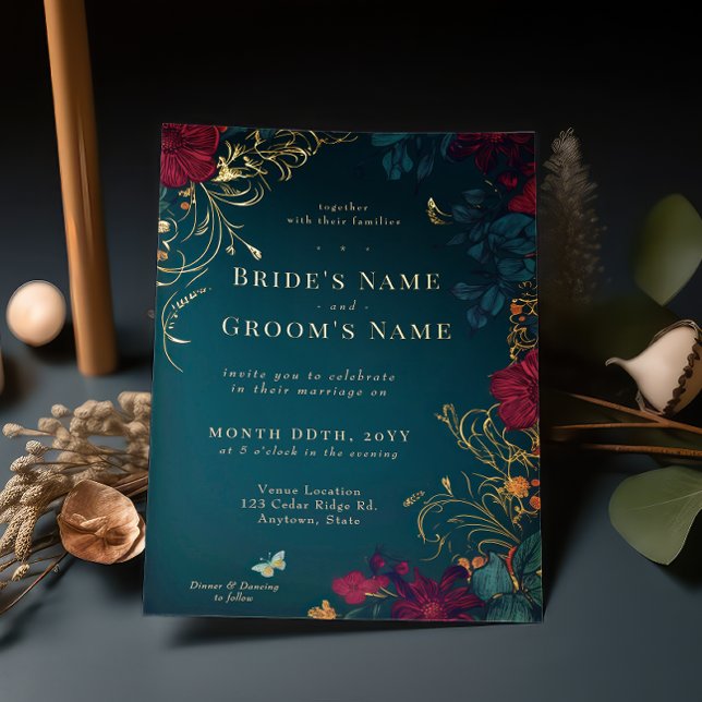 Invitación Con Relieve Metalizado Teal and Red Jeweltone Floral Foil Invitation (Subido por el creador)