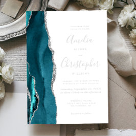 Invitación Con Relieve Metalizado Teal Blue Silver Agate Modern Script Wedding