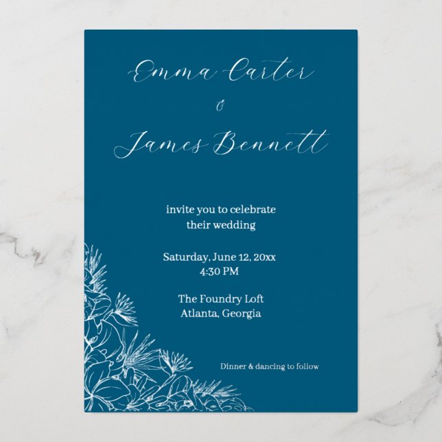 Invitación Con Relieve Metalizado Teal Modern Botanical Wedding Foil Invitation (Anverso)