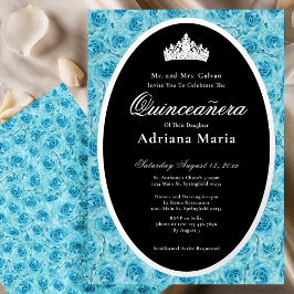Invitación Con Relieve Metalizado Teal Roses Elegant Silver Floral Quinceanera
