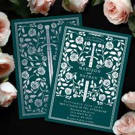 Invitación Con Relieve Metalizado Teal Royal Medieval Silver Sword Wedding
