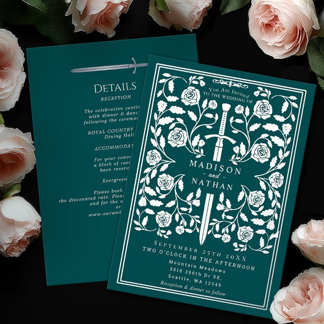 Invitación Con Relieve Metalizado Teal Royal Medieval Silver Sword Wedding Details (Subido por el creador)