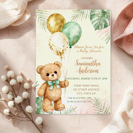 Invitación Con Relieve Metalizado Teddy Bear Brown Sage Green Balloons Baby Shower