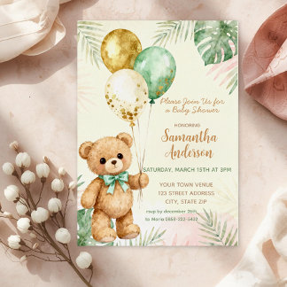 Invitación Con Relieve Metalizado Teddy Bear Brown Sage Green Balloons Baby Shower