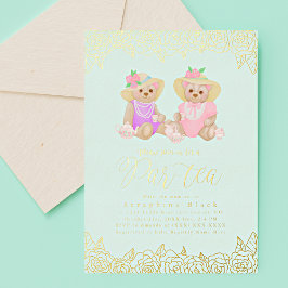 Invitación Con Relieve Metalizado Teddy Bear Tea Fiesta Mint Gold Relieve metalizado