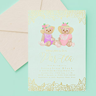 Invitación Con Relieve Metalizado Teddy Bear Tea Fiesta Mint Gold Relieve metalizado