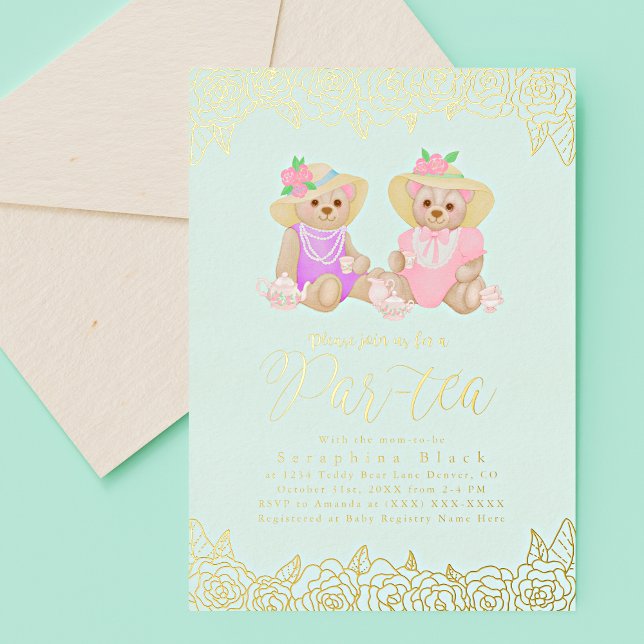 Invitación Con Relieve Metalizado Teddy Bear Tea Fiesta Mint Gold Relieve metalizado (Subido por el creador)