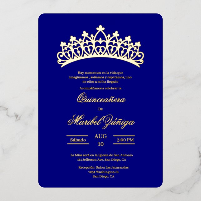 Invitación Con Relieve Metalizado Tema azul Quinceanera (Anverso)