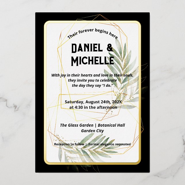 Invitación Con Relieve Metalizado Tema botánico Boda de oro negro con arcos modernos (Anverso)