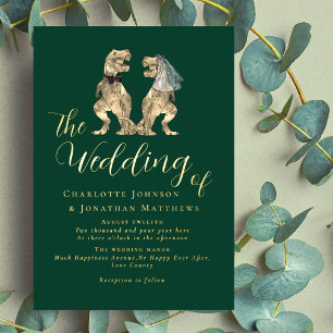 Invitación Con Relieve Metalizado Tema de Dinosaurios Boda Verde y Oro