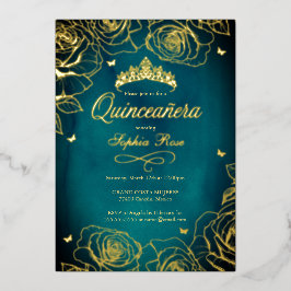 Invitación Con Relieve Metalizado Tema de la Corona verde azulada de Oro Quinceanera