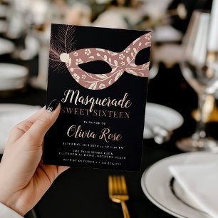 Invitación Con Relieve Metalizado Tema de Máscara Elegante Cumpleaños Dieciséis