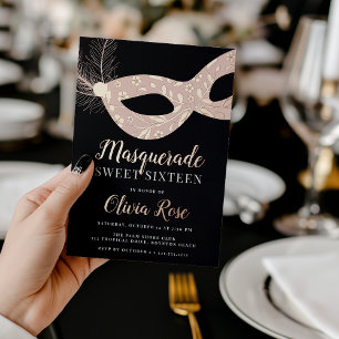 Invitación Con Relieve Metalizado Tema de Máscara Elegante Cumpleaños Dieciséis