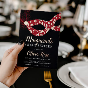 Invitación Con Relieve Metalizado Tema de Máscara Elegante para Cumpleaños Dieciséis