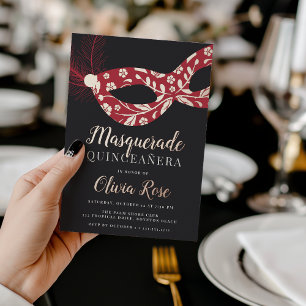 Invitación Con Relieve Metalizado Tema de Quinceañera de Mascarada Elegante
