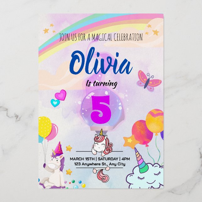 Invitación Con Relieve Metalizado Tema de Unicornio Arcoíris Colorido  (Anverso)