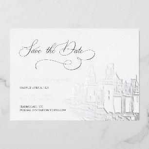 Invitación Con Relieve Metalizado Tema del castillo Guardar la fecha plateada
