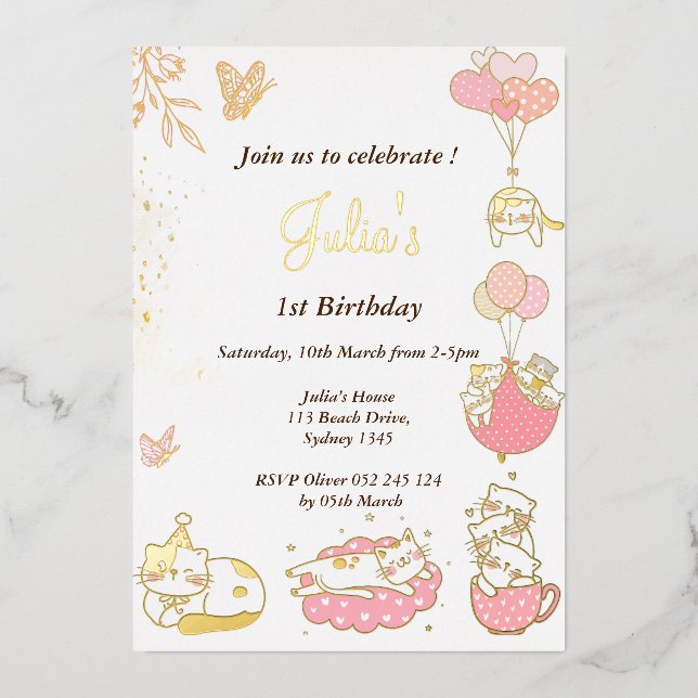 Invitación Con Relieve Metalizado Tema del gato bebé primer cumpleaños (Anverso)