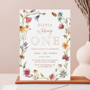 Invitación Con Relieve Metalizado Tema Flor Silvestre de Oro Rosa para Cumpleaños 1