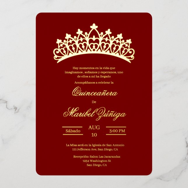 Invitación Con Relieve Metalizado Tema rojo Quinceanera (Anverso)
