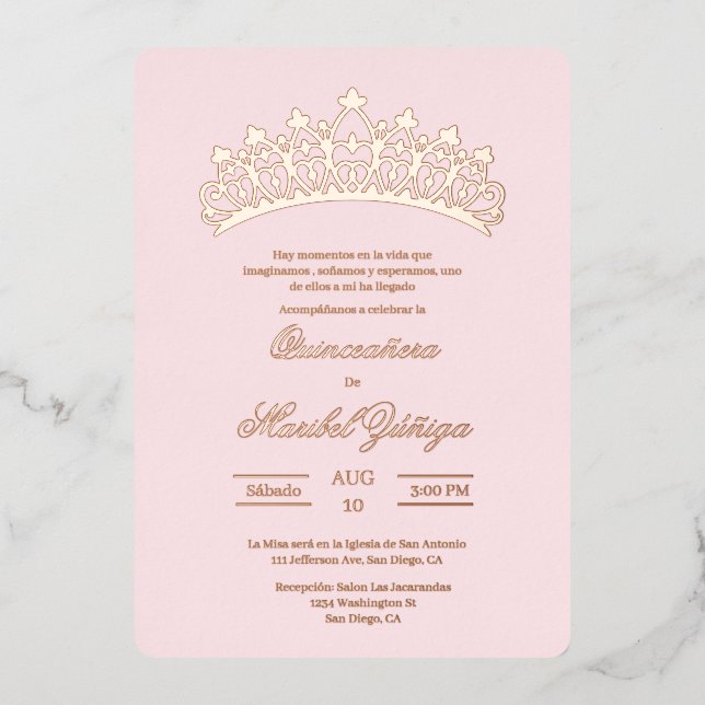 Invitación Con Relieve Metalizado Tema rosa claro Quinceanera (Anverso)