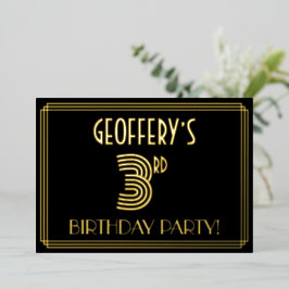 Invitación Con Relieve Metalizado Tercer Cumpleaños — Estilo Art Déco “3” + Nombre