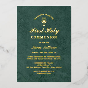 Invitación Con Relieve Metalizado Terciopelo Verde Esmeralda Mármol Primera Comunión