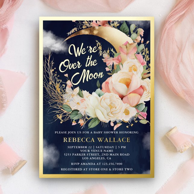 Invitación Con Relieve Metalizado Terminamos la Chica de la Luna Baby Shower Gold (Subido por el creador)
