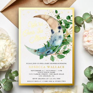 Invitación Con Relieve Metalizado Terminamos la luna Eucalyptus Baby Shower Gold
