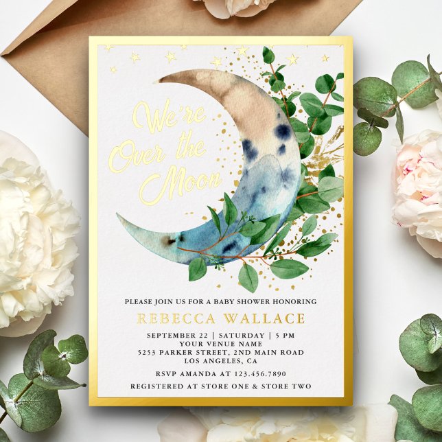 Invitación Con Relieve Metalizado Terminamos la luna Eucalyptus Baby Shower Gold (Subido por el creador)