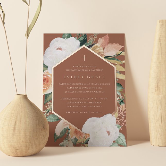 Invitación Con Relieve Metalizado Terracota | Bautismo floral del desierto (Subido por el creador)