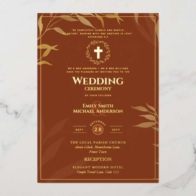 Invitación Con Relieve Metalizado Terracota Boda católico elegante formal (Anverso)