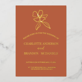 Invitación Con Relieve Metalizado Terracota Boda mínimo de flores oro