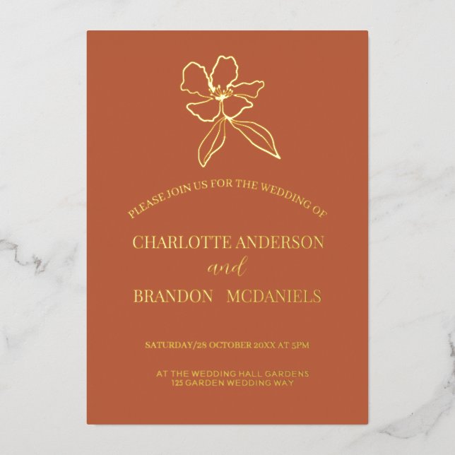Invitación Con Relieve Metalizado Terracota Boda mínimo de flores oro (Anverso)