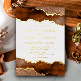 Invitación Con Relieve Metalizado Terracota de Naranja Quemada Mármol de Ágata Boda 