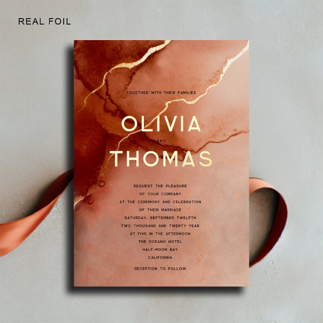 Invitación Con Relieve Metalizado Terracota Elegante Playa Moderna Boda de Oro (modern fall beach wedding invitation gold foil typography romantic elegant bohemian simple classy)