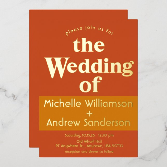 Invitación Con Relieve Metalizado Terracota Naranja Moderno Retro (Anverso/Reverso)